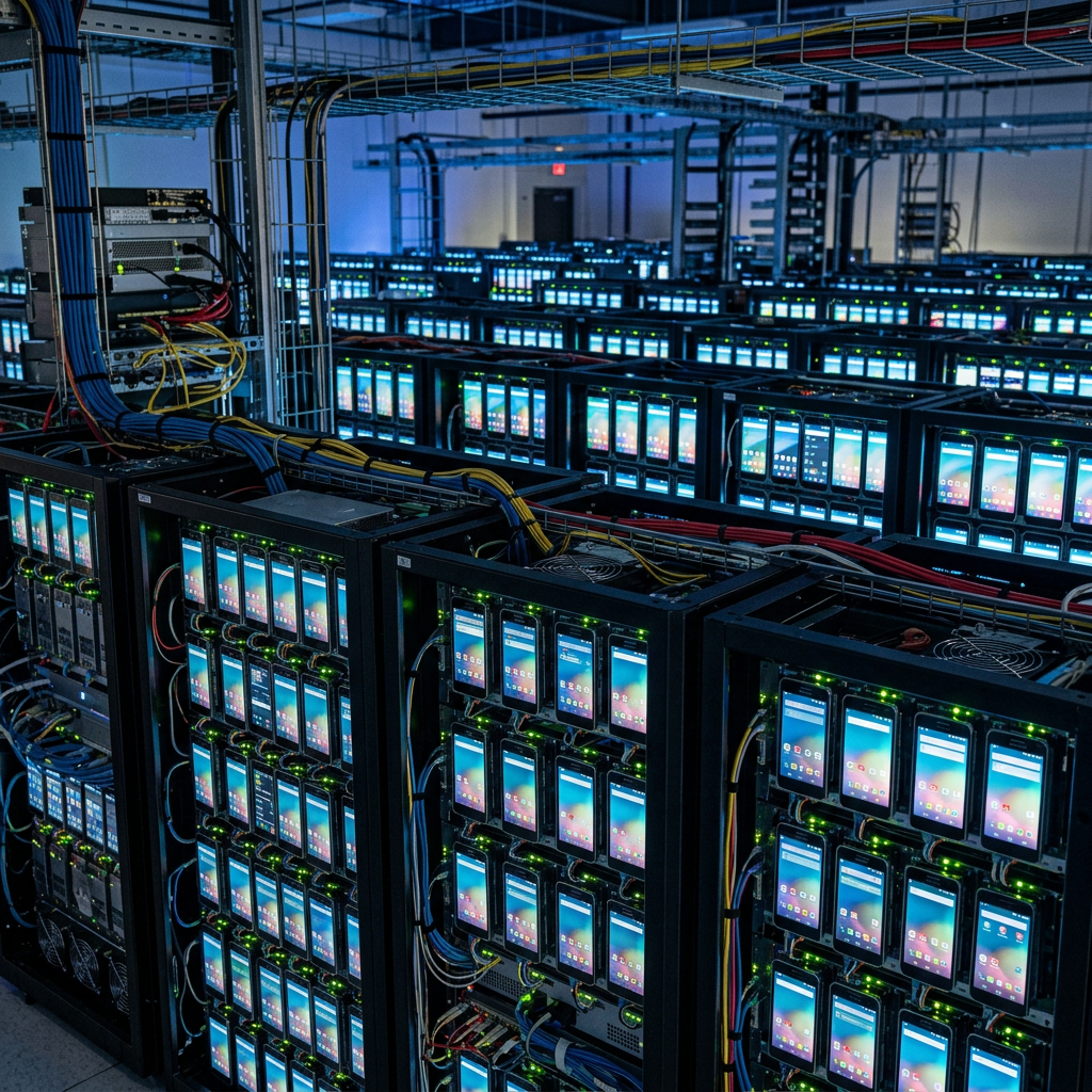 Rows of server racks filled with many smartphones connected for testing